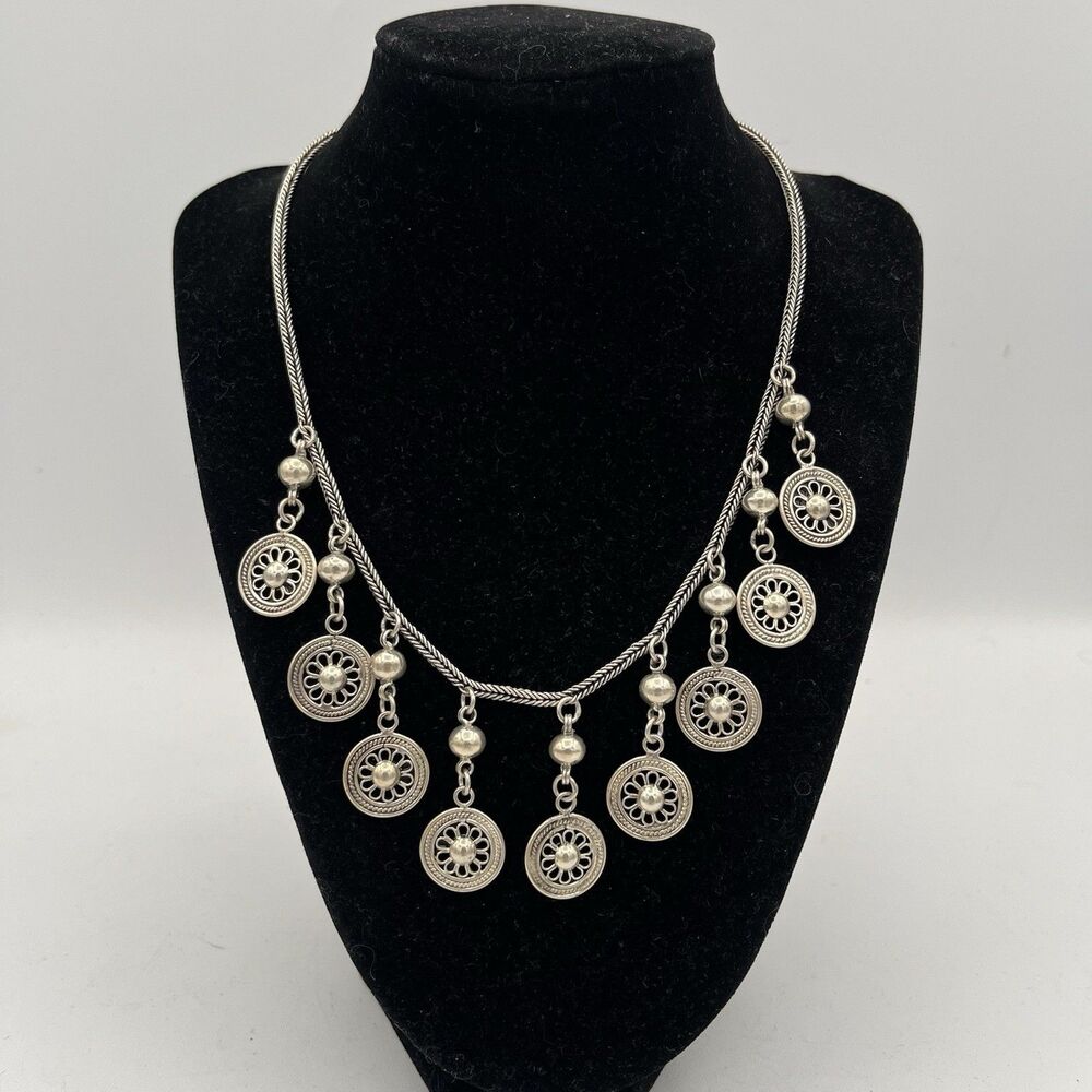 Sterling Silver .925 Bali Style Necklace with Disc Dangles, 17"
